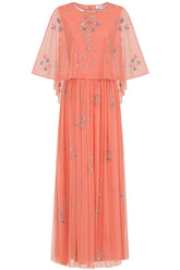 Amarilis Coral Embellished Cape Detail Maxi Dress